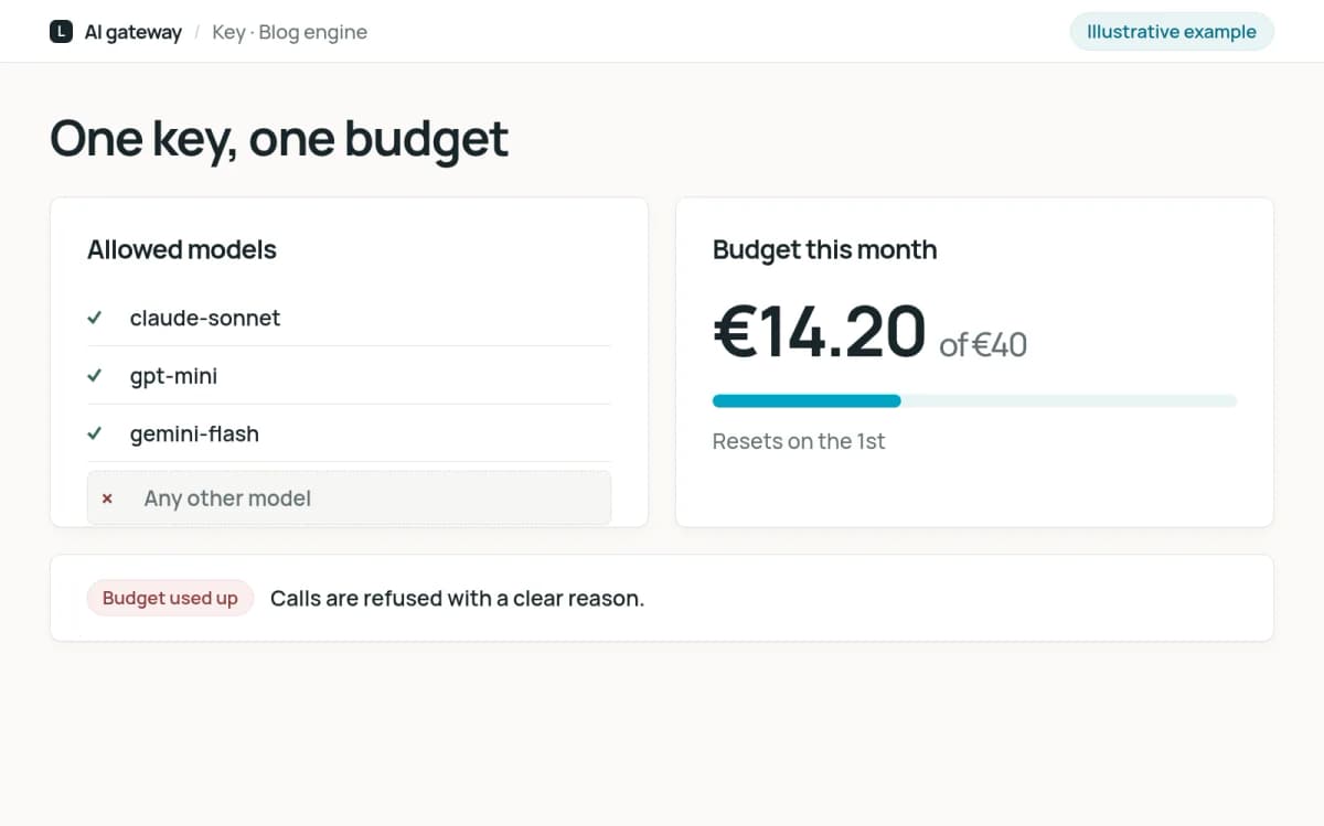 Illustrative key card showing an app's allowed models, its monthly budget and how much of it is used
