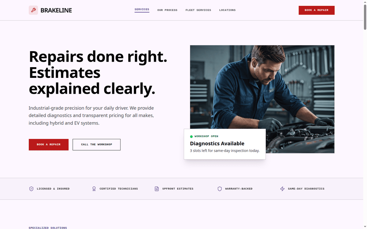 Brakeline — Auto Workshop Booking Website Concept