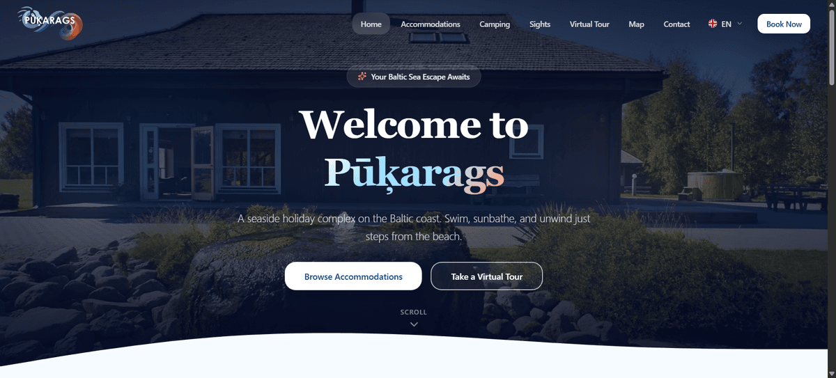 The Pūķarags booking platform, showing the seaside property on its own website