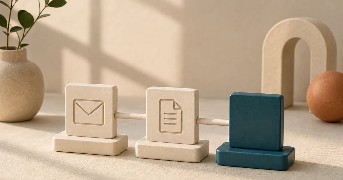Three ceramic blocks in a row with envelope and document icons, connected by thin rods, representing small tasks.