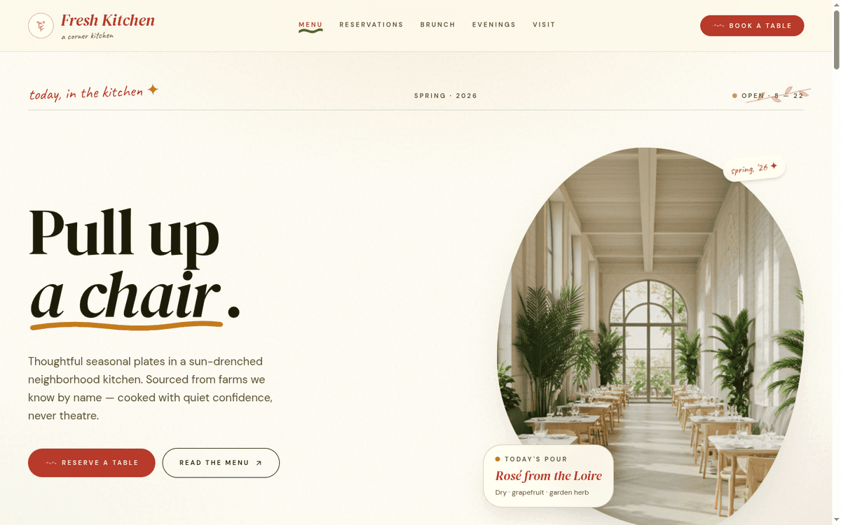 Fresh Kitchen — Restaurant Reservation Website Concept